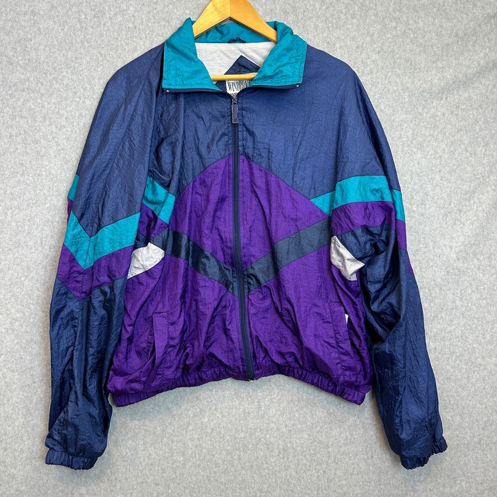 Vintage 90s Windbreaker Full Zip Jacket Navy Purple Teal Sporty Retro Unisex XL